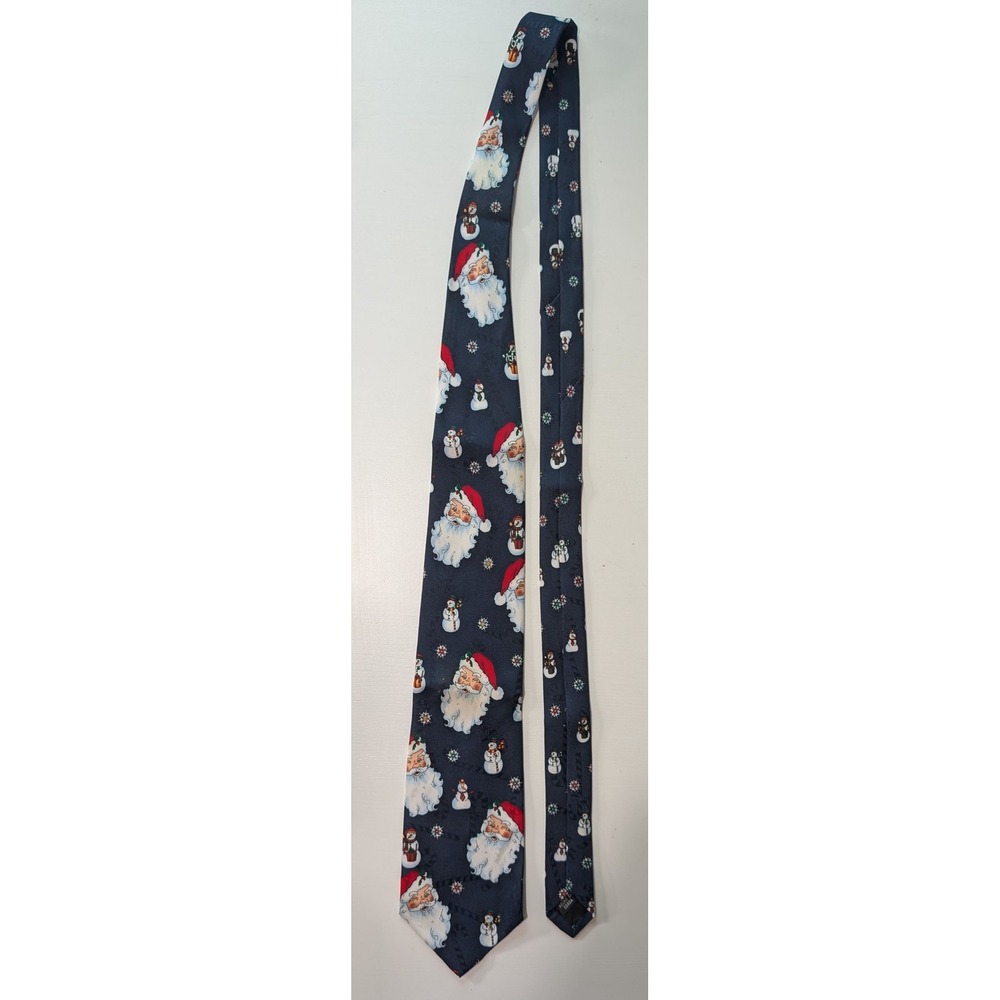 Hallmark Specialties Mens Christmas Tie Santa Snowman Navy Blue Holiday Necktie